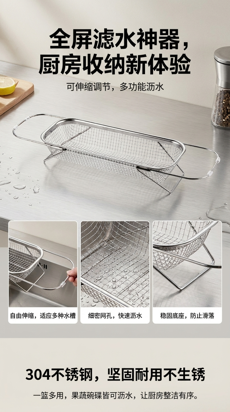 家用不锈钢沥水篮洗碗台水槽便携伸缩沥水架洗菜盆水池餐具碗筷架详情1