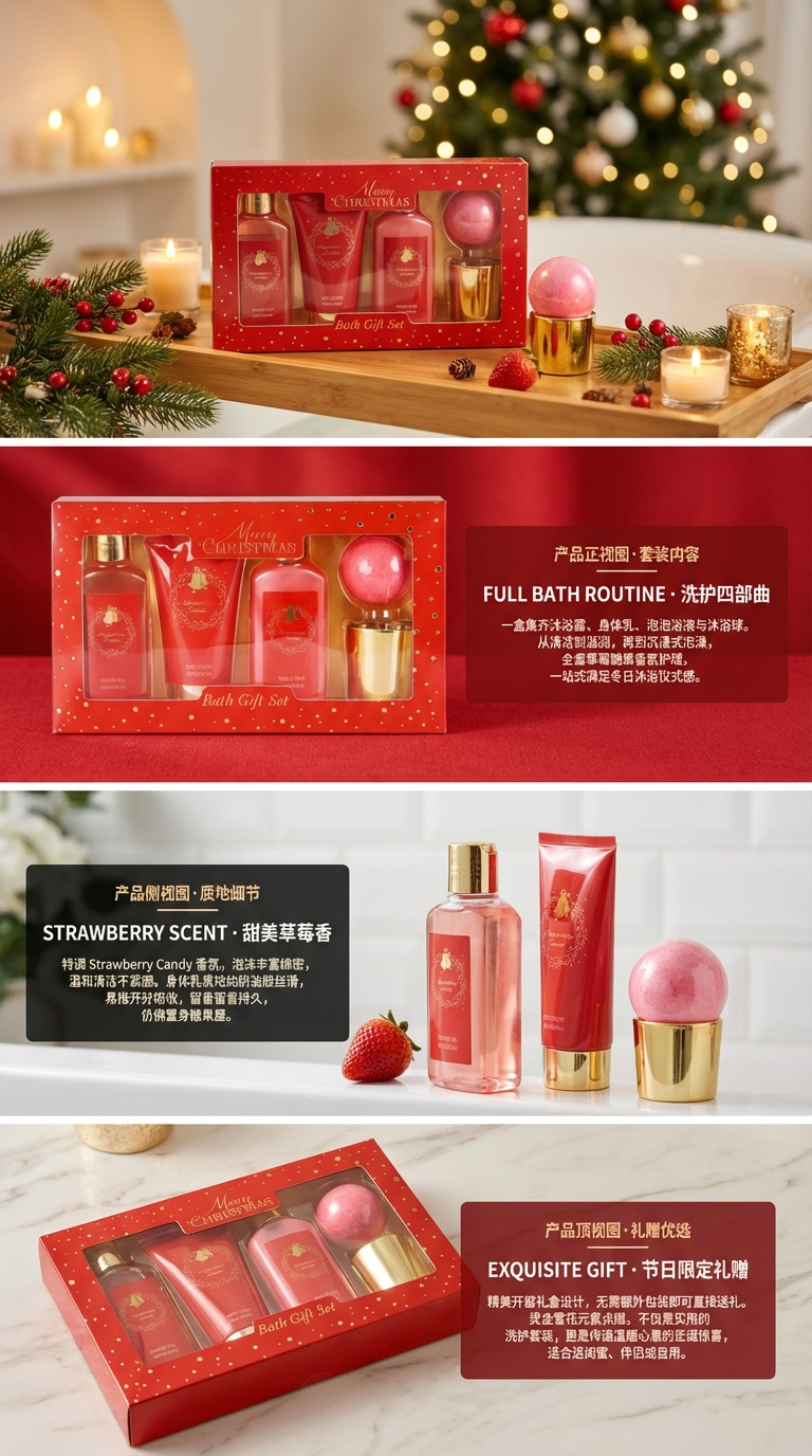 Bathroom gift set, multi-functional bathroom supplies set, bubble body wash, body lotion, scented candles, explosive salt, excellent gift items, Christmas-themed gift box, home bathroom gift box pic 1