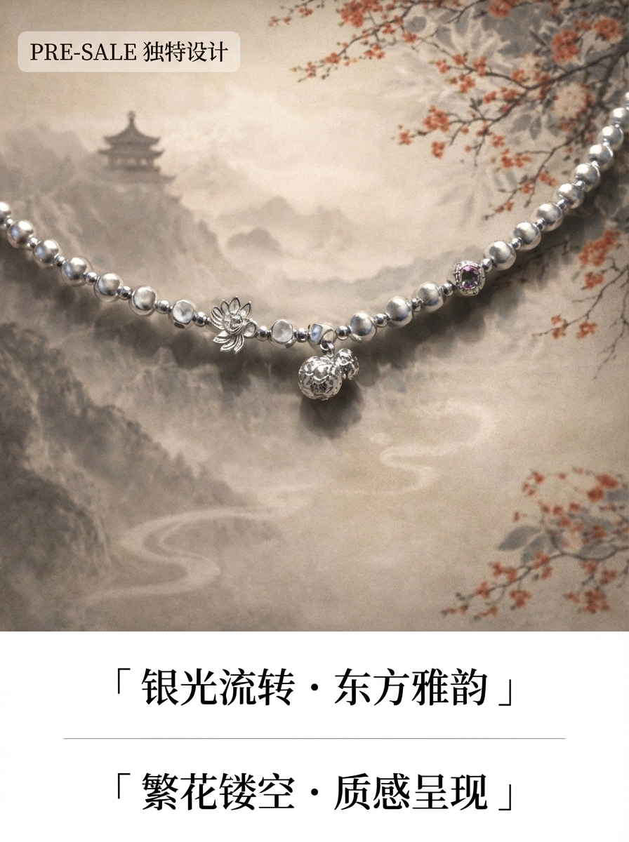 时尚精工925银莲花福袋串珠手链女｜新中式小众设计感轻奢显白纳福手饰详情2