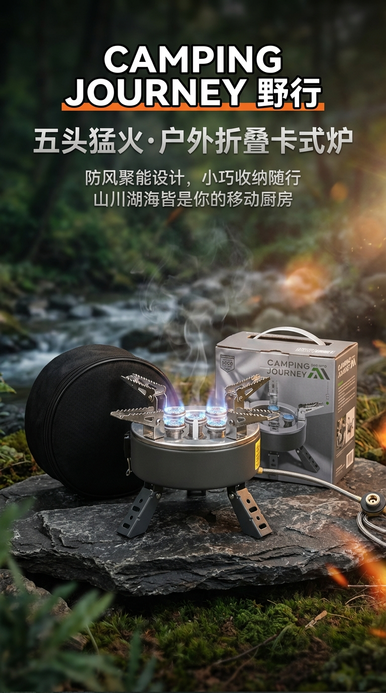 新款五头炉不锈钢炉 猛火炉圆形卡式炉 带支架气炉 户外炉便携炉详情1