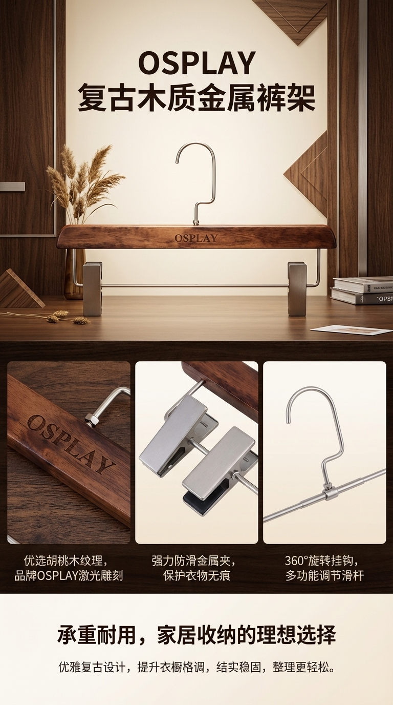 Solid wood trouser rack and trouser clip, home anti-slip strong seamless suit skirt clip, special trouser hanger, multi-functional pic 1