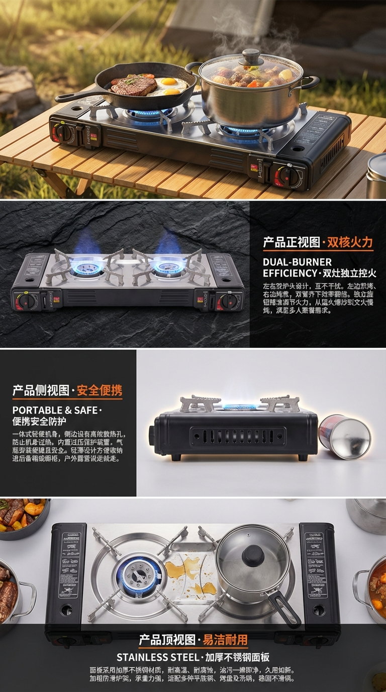 专供出口 便捷式双灶卡式炉 不锈钢面卡式炉    家庭野营都方便详情2