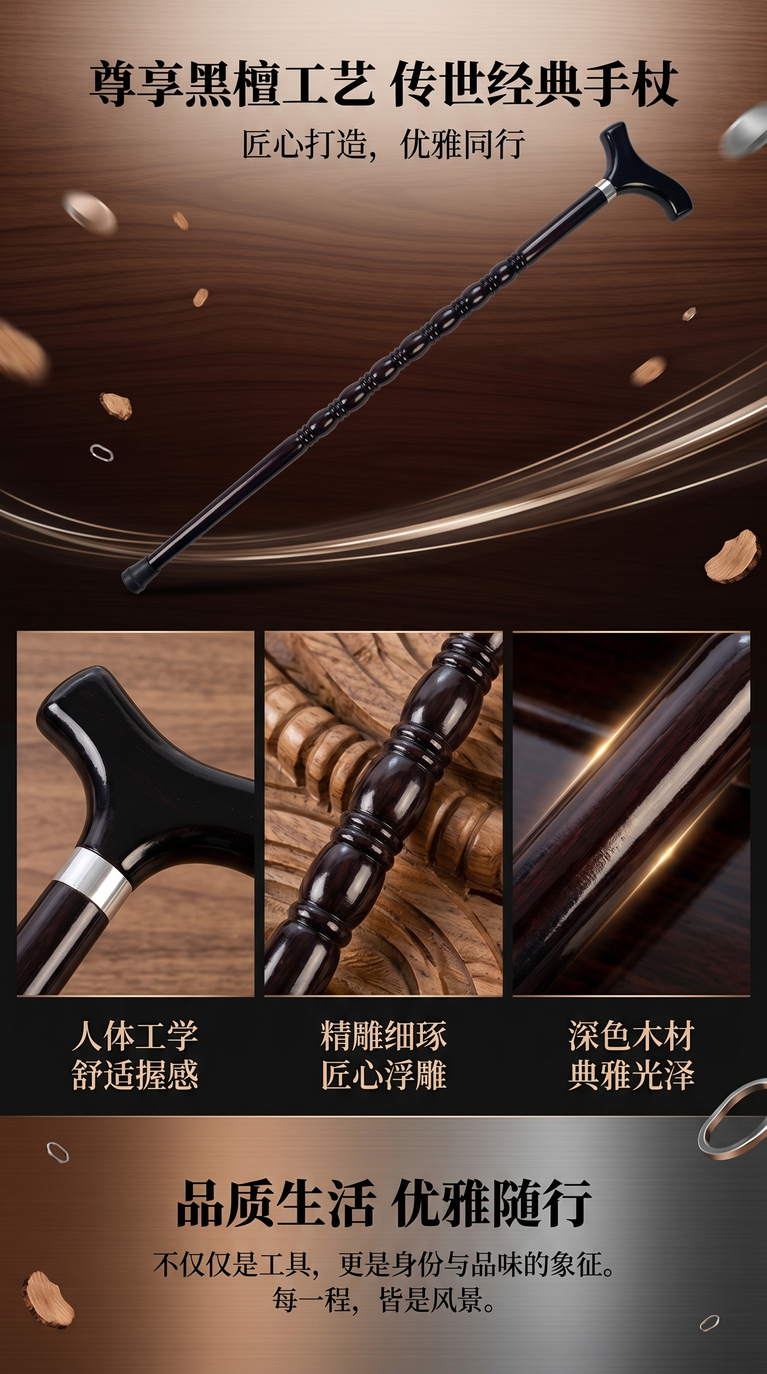 黑色手杖 轻便防滑老人拐杖助行器碳纤维折叠手杖详情1