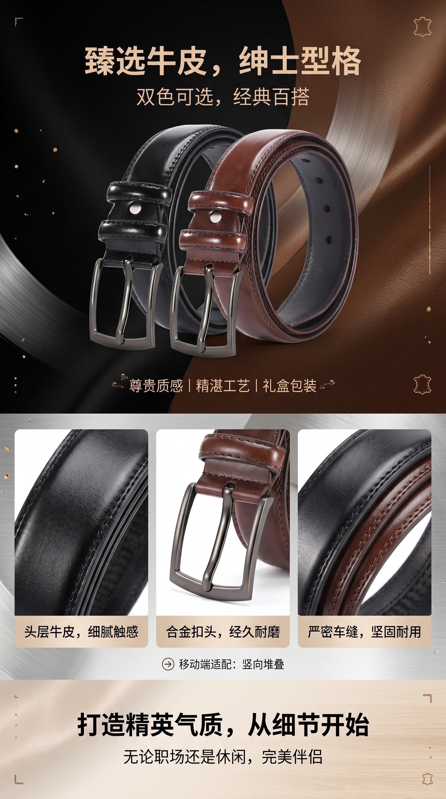 男士牛皮简约针扣皮带 3.8cm宽商务正装腰带详情1