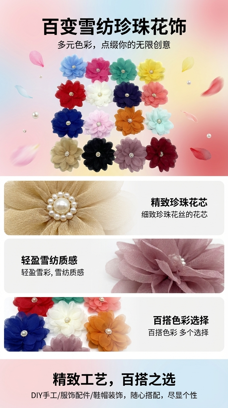 外贸手工布艺花朵热销雪纺玫瑰花 diy鞋花帽花头饰配件详情1