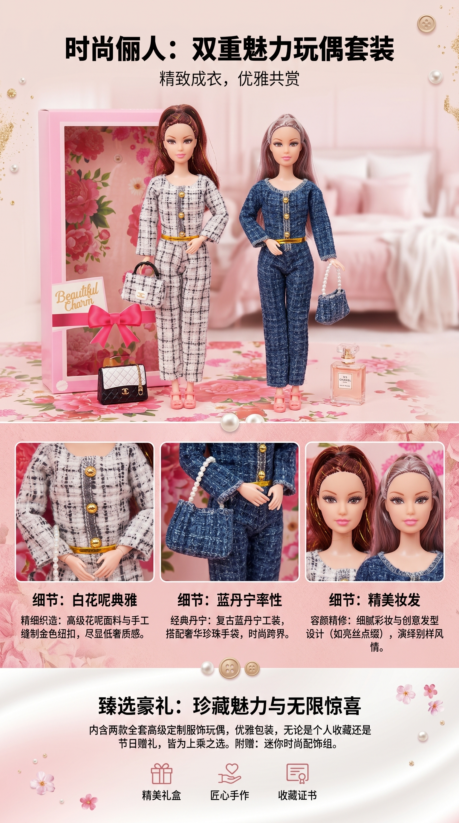 A pink gift box of two fashionable Barbie dolls with floral patterns and Beautiful Charm, decorated with a bow pic 1