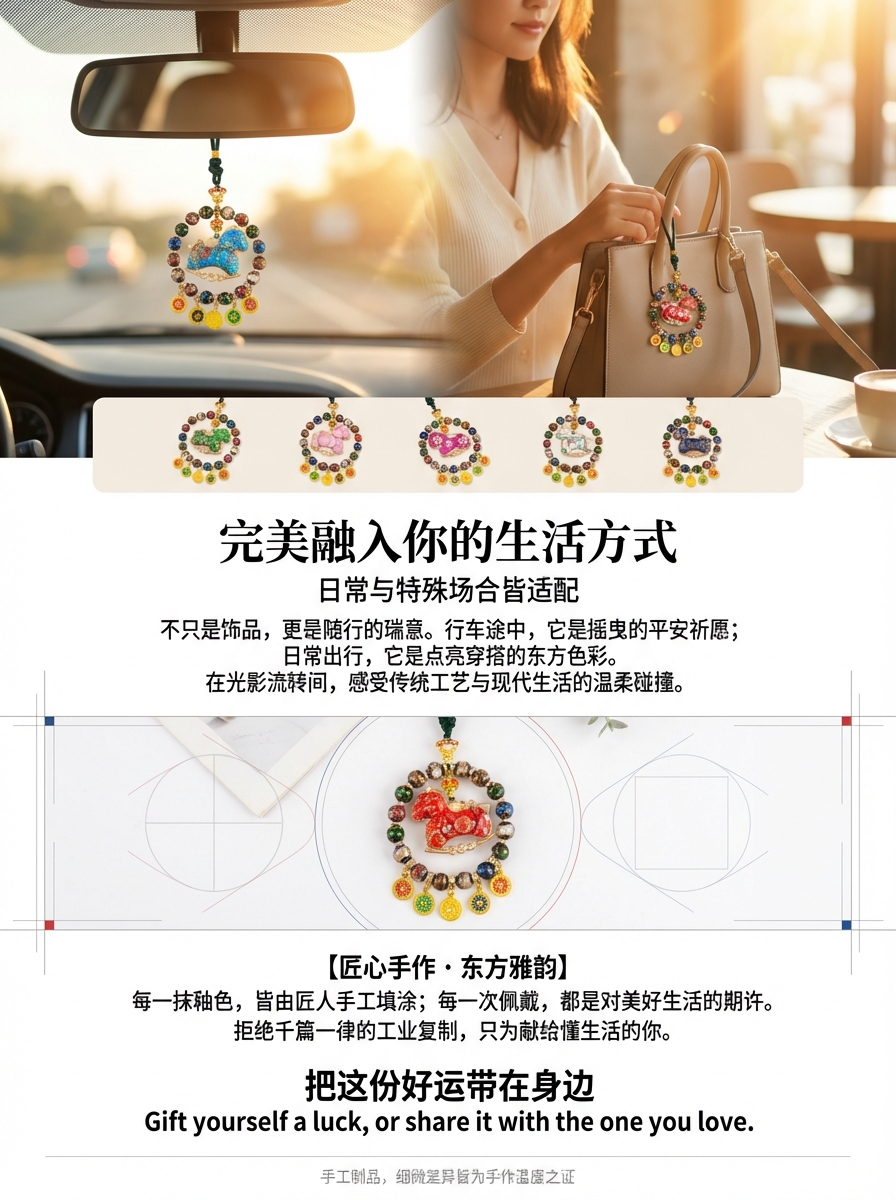 The new Chinese-style intangible cultural heritage of the Year of the Horse, Song Brocade Horse Year car hanging with Five Directions of the God of Wealth in glass style, starting from one. pic 4