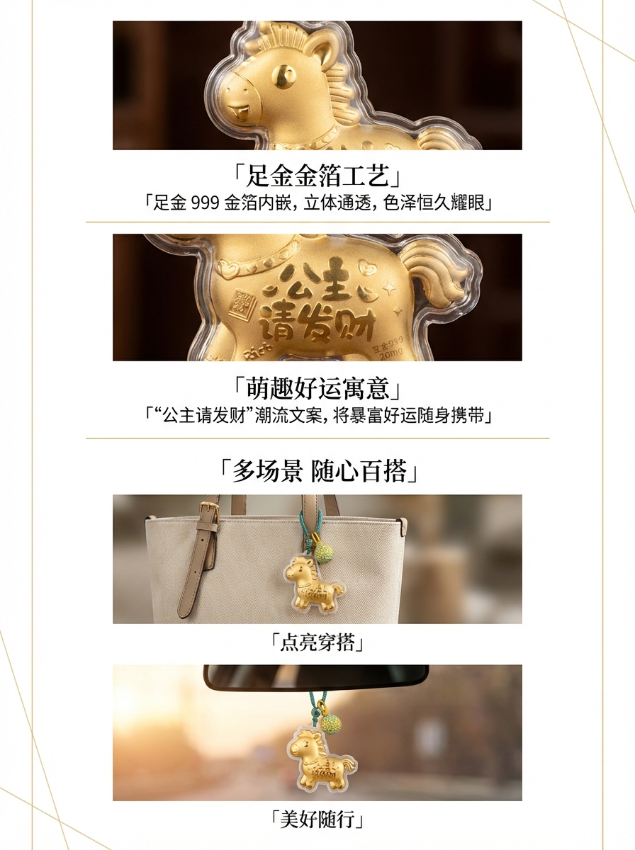 The Year of the Horse plastic foil gold style keychains, pendants and bags, with a minimum order of one. The color of the braided rope will be randomly dispatched pic 3