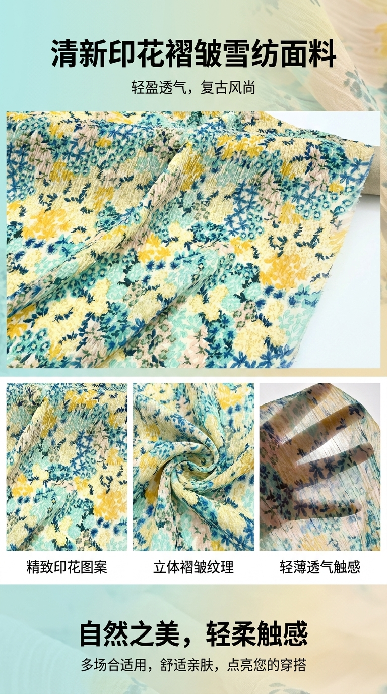 田园风蓝色小碎花褶皱雪纺布料 连衣裙衬衫旗袍手工DIY详情1