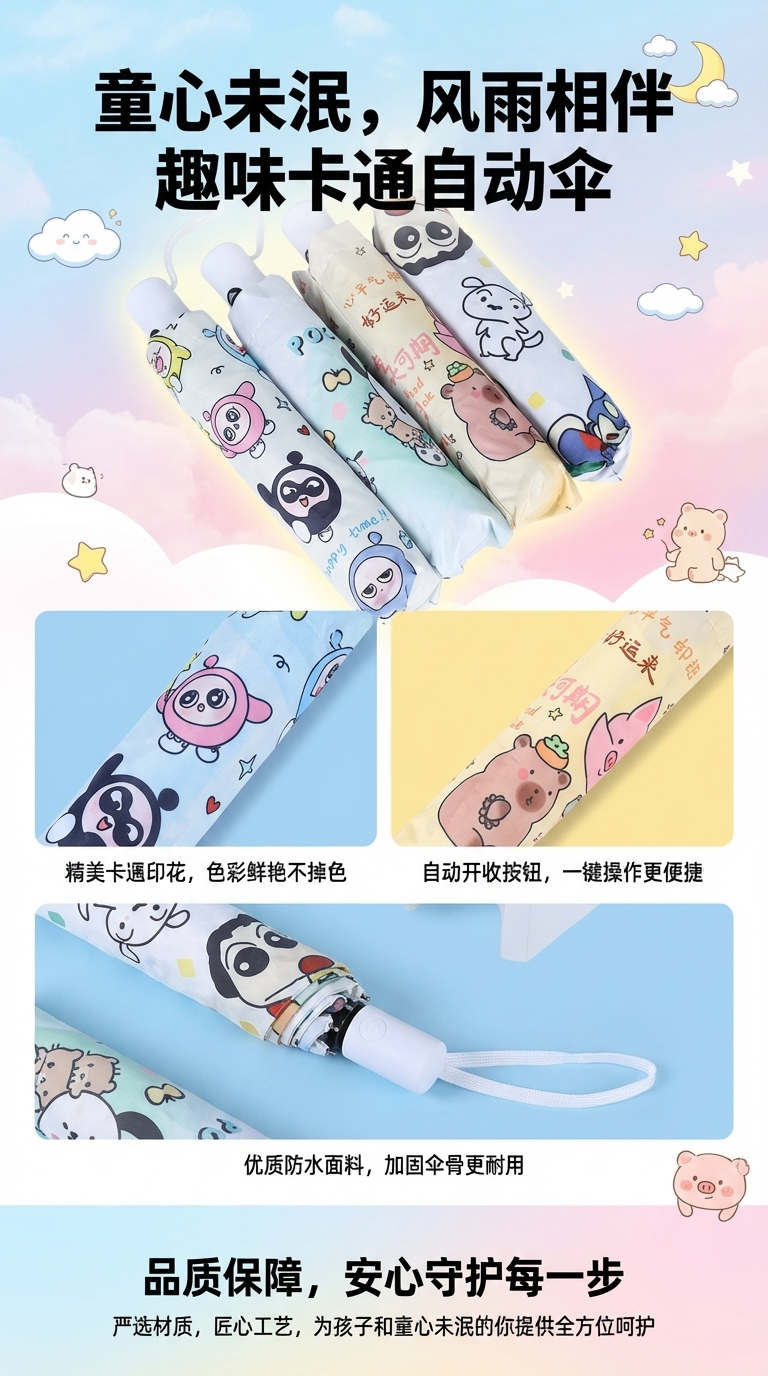 安全防回弹儿童雨伞 卡通防晒防紫外线太阳伞 晴雨两用便携折叠伞详情1