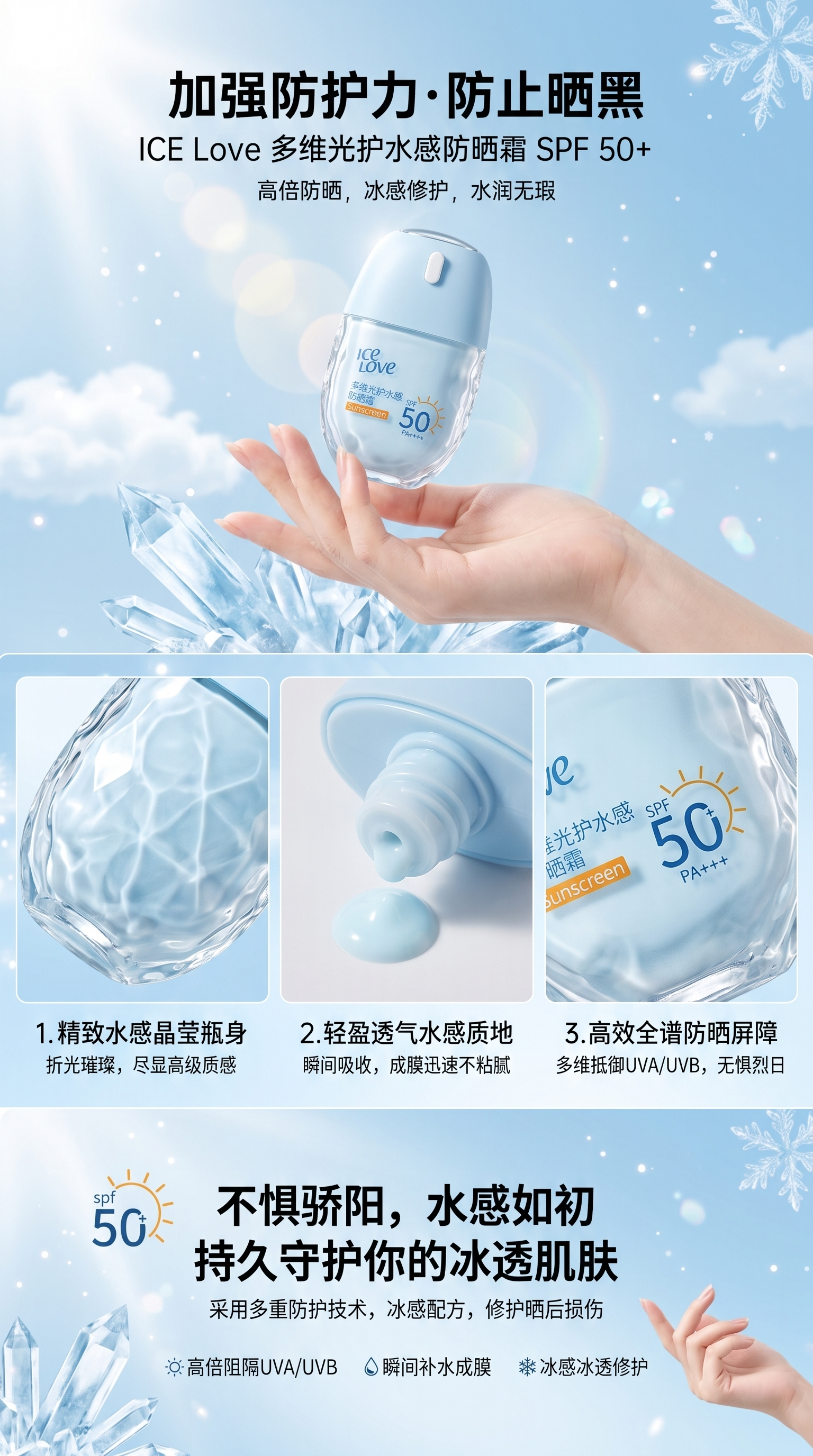 ICE LOVE多维光护水感防晒霜清爽保湿隔离紫外线防护防晒详情1
