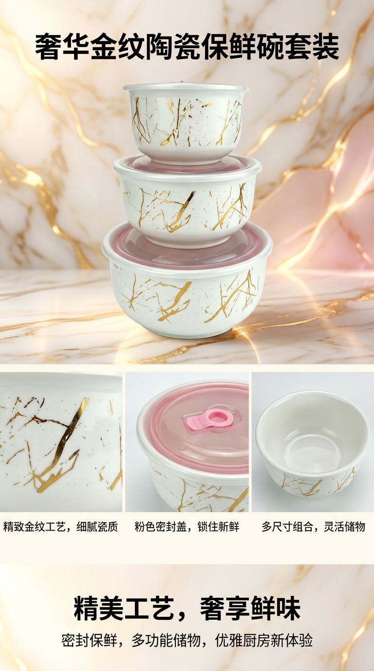 Decorative golden crack pattern ceramic fresh-keeping bowl set, ceramic tableware set, ceramic bowl pic 1