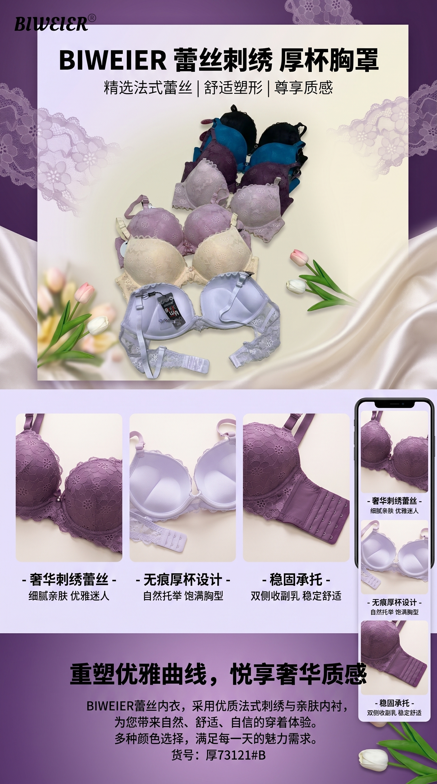 BIWEIER蕾丝文胸女士无钢圈聚拢舒适内衣上托调整型详情1