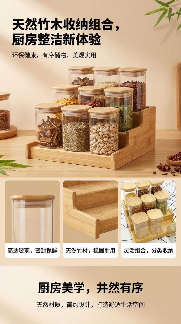 Seasoning rotating detachable storage rack, household turntable wooden tray, kitchen solid wood round tabletop storage rack, 11*14 bridge-shaped seasoning jar set pic 1