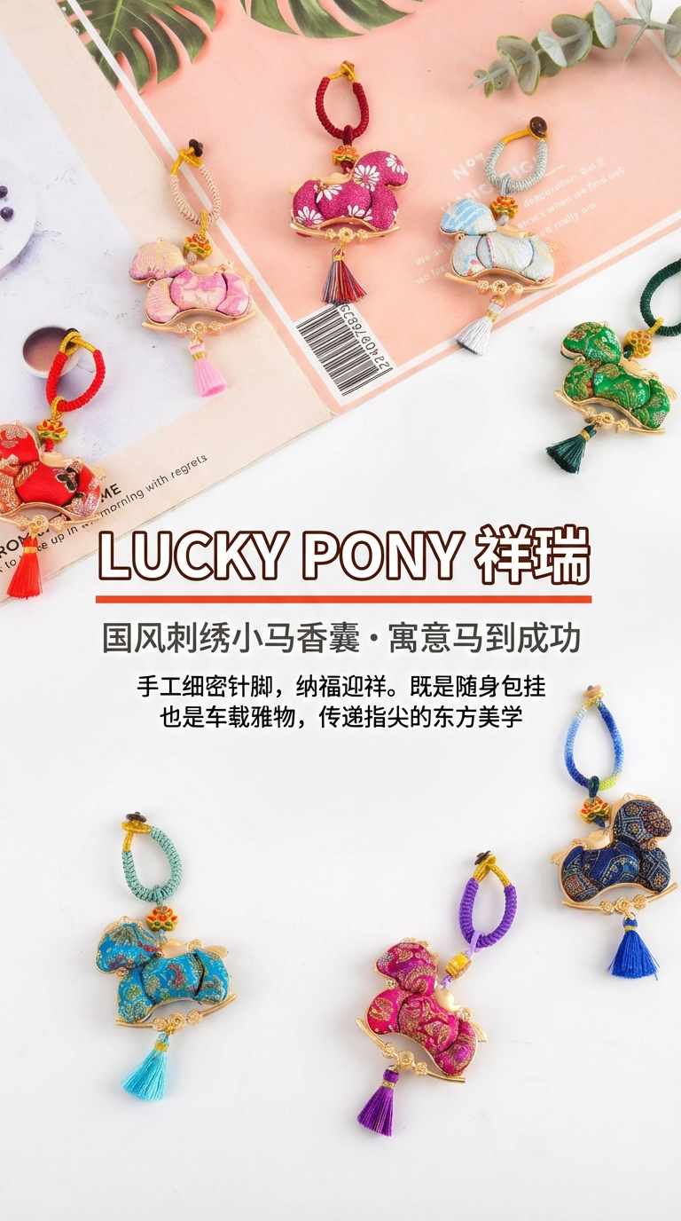 New Chinese-style intangible cultural heritage of the Year of the Horse, Song brocade, small beard, hanging cart, hanging bag, hanging key, hanging gift, minimum order of one. pic 1