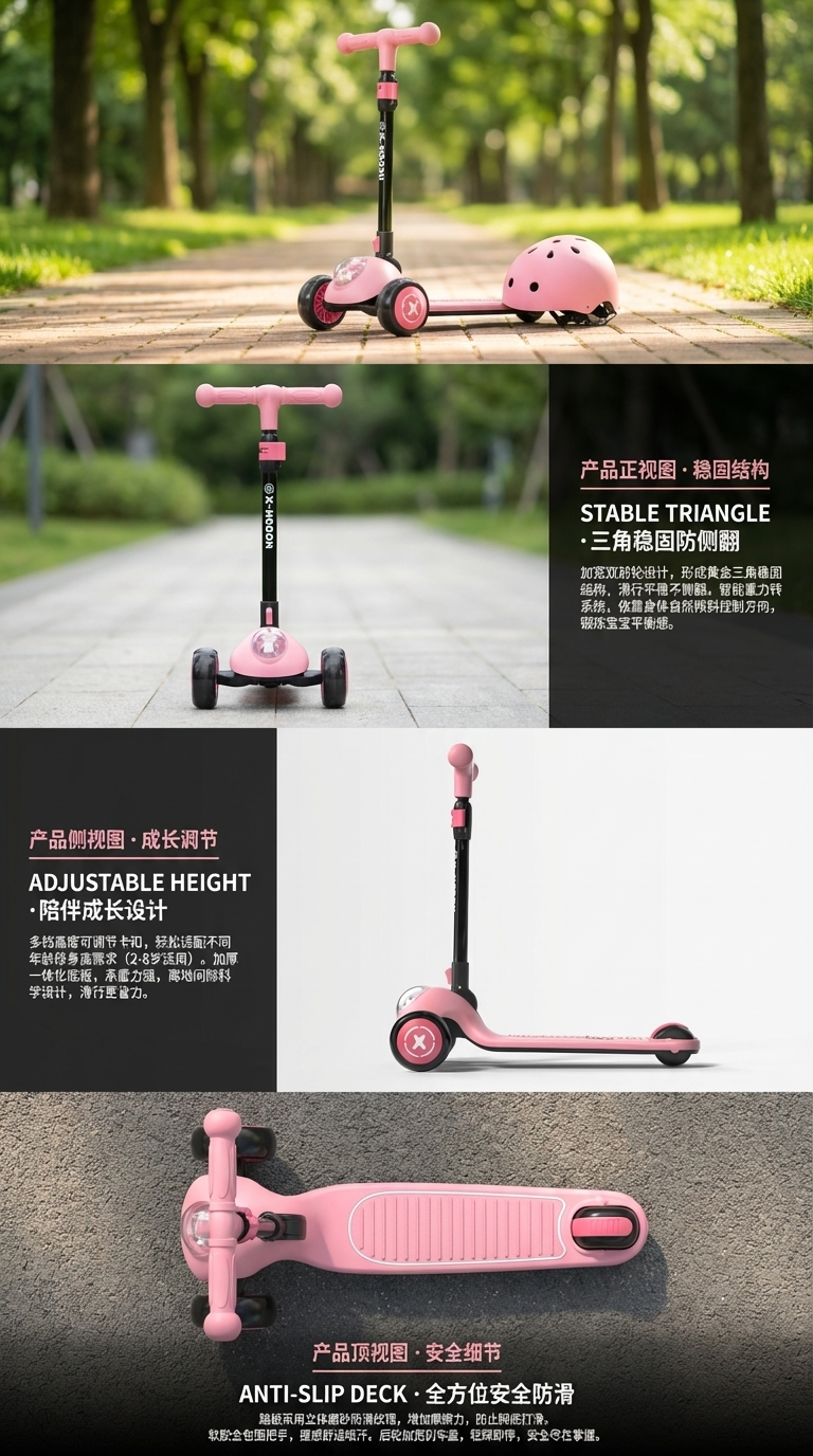 粉色儿童滑板车幼儿园玩具礼物自主设计厂家直销二合一儿童滑板车三合一可坐可骑1-3-6-11岁国货详情2