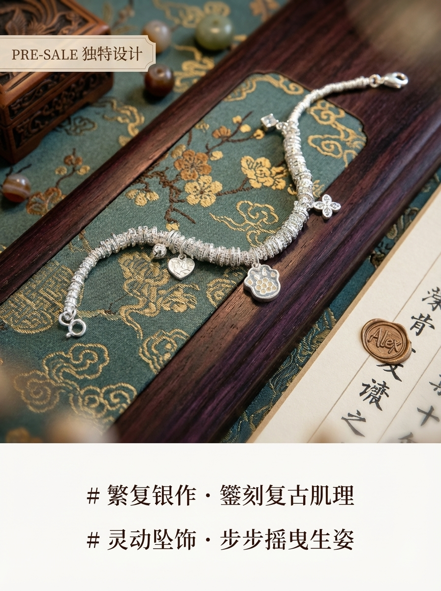 S925素银时尚精工幸运萌爪·灵动猫爪骰子铃铛串珠925银手链详情2