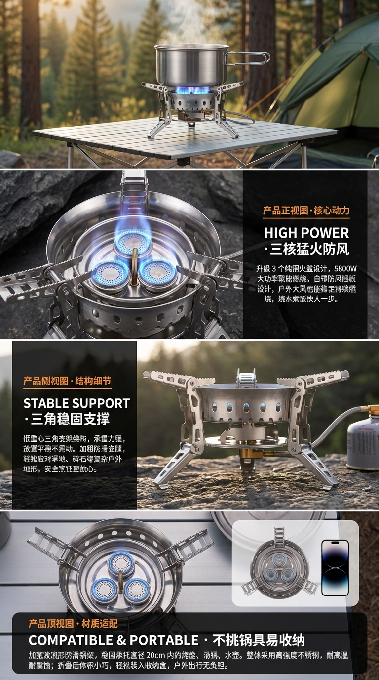 户外便携式三星猛火炉灶露营自驾游燃气炉具野炊野营瓦斯三头炉子详情2