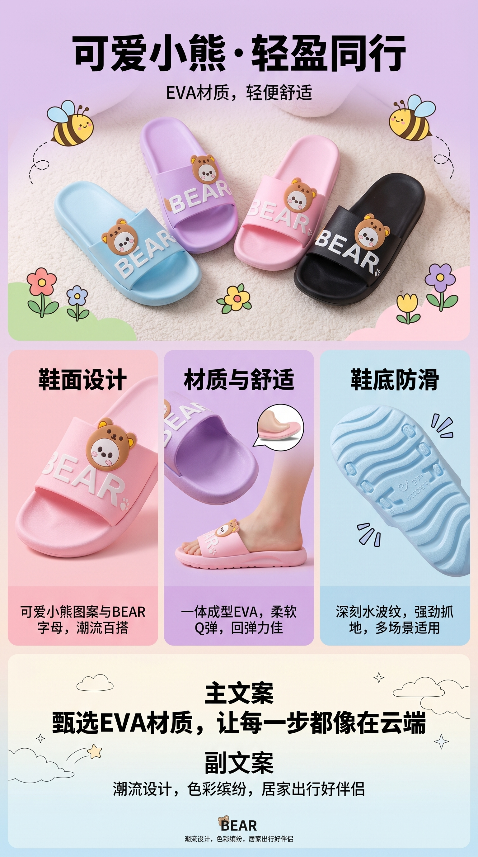 卡通熊图案家居拖鞋 舒适防滑软底男女同款详情1