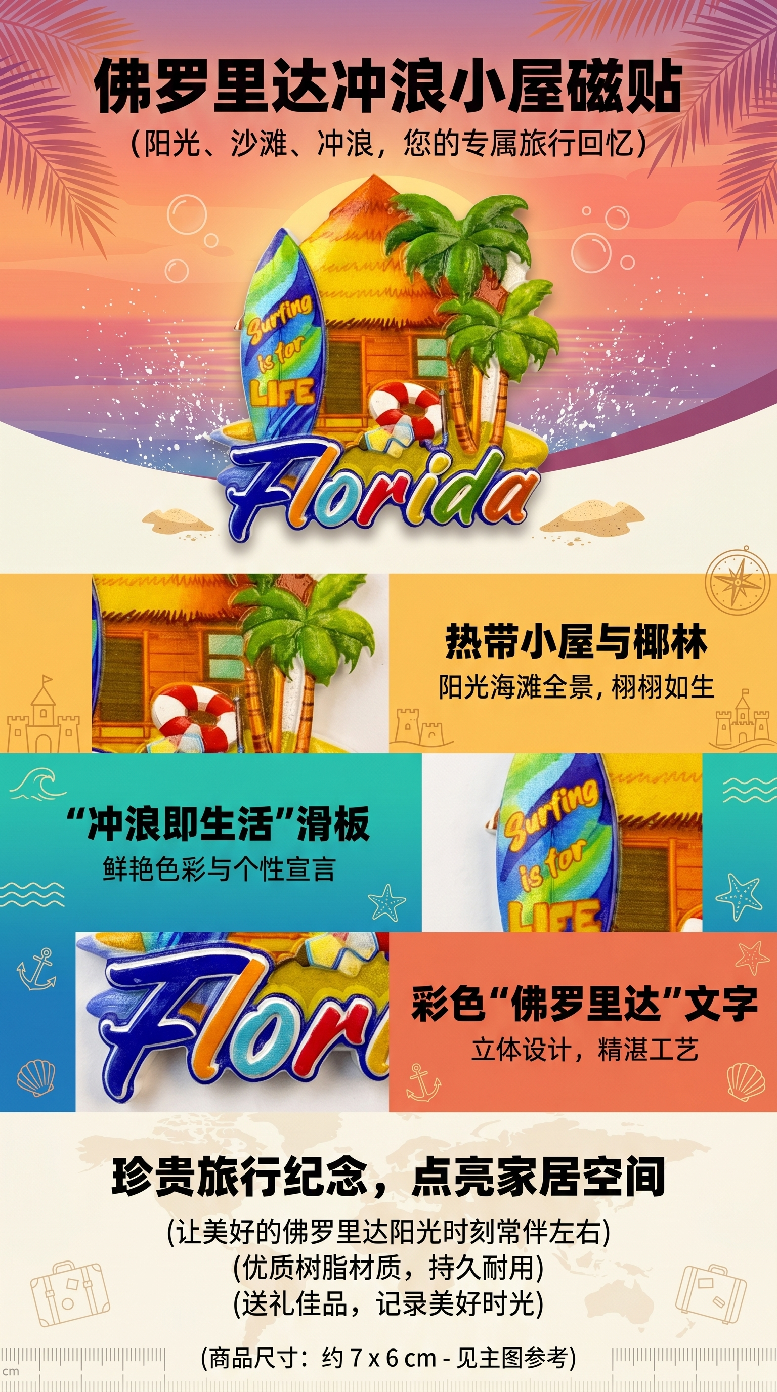Colorful Florida-themed fridge magnets and American-style wall magnetic stickers pic 1