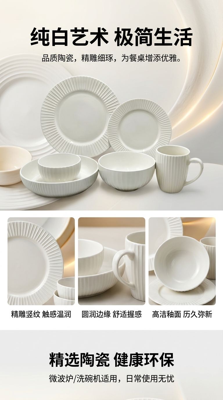 White ceramic tableware, plates, bowls and cups, home set, simple and daily-use pic 1