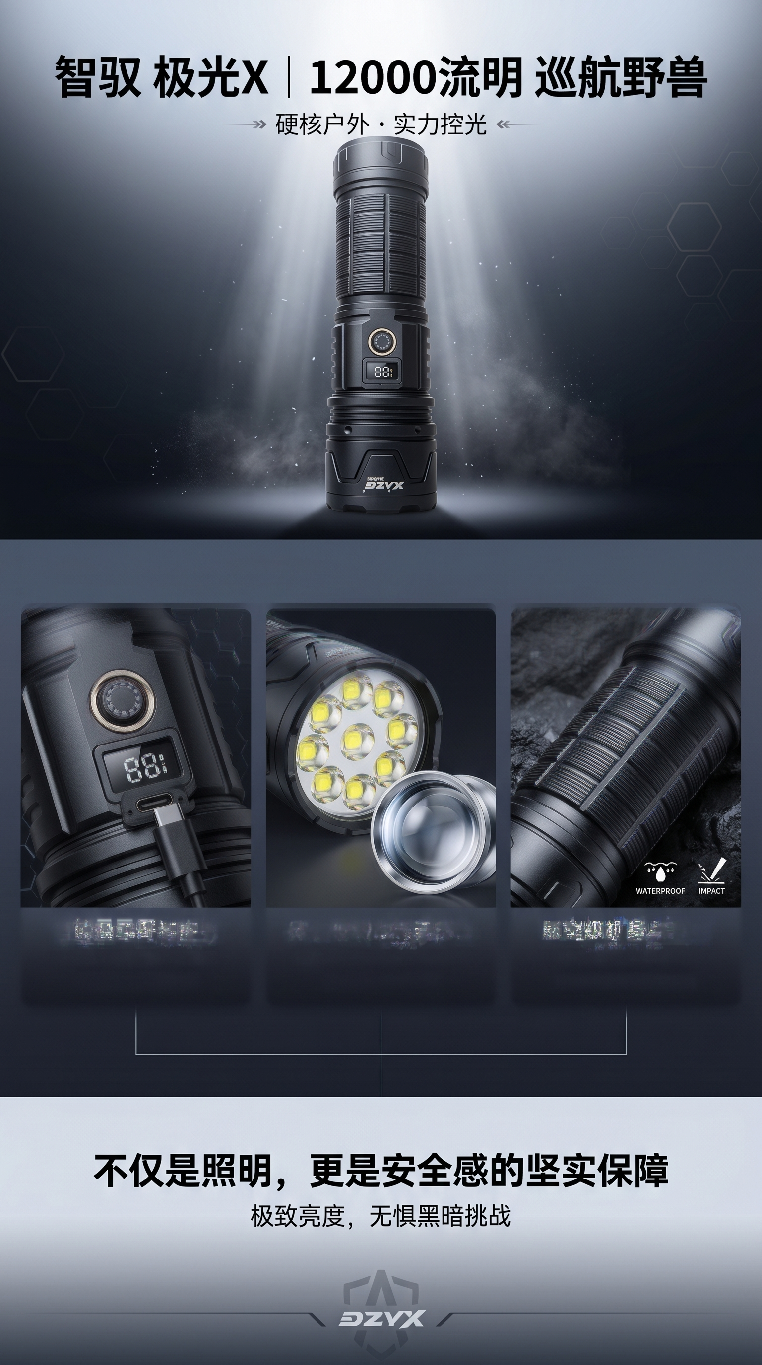 黑色手电筒主体 铝合金机身防滑耐磨户外作业专用详情1