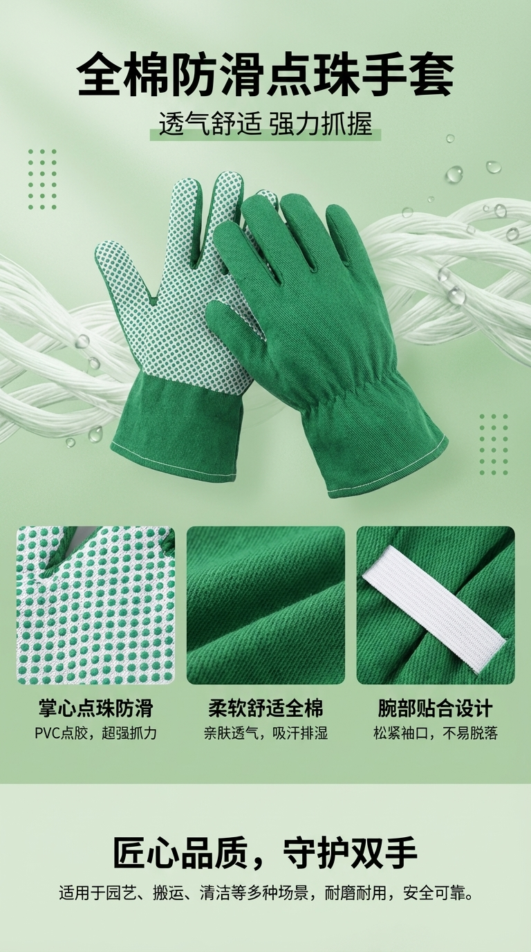 成人款宽口花园点珠手套 防滑透气帆布加厚干活防割防滑手套批发详情1