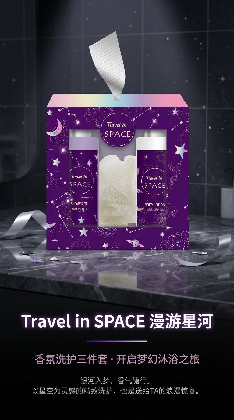 Purple Starry Sky Theme Bath Gift Box Set 200ml Body Wash Body Lotion Bath Ball Combination Set Romantic Gradient Purple hand-held Gift Box Gift Body Wash Set pic 1