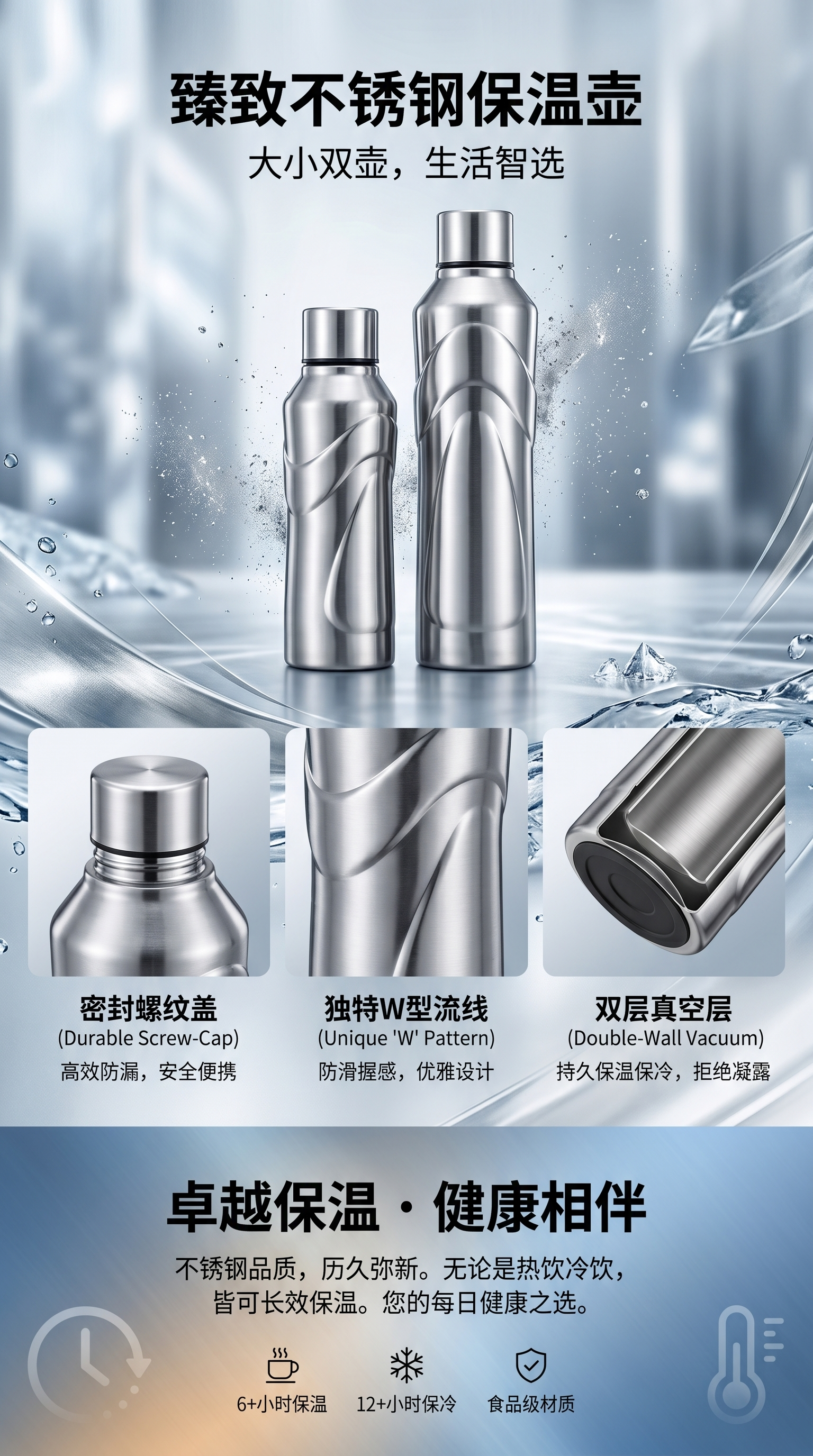 Stainless steel insulated water bottle, vacuum insulated sports outdoor portable water bottle pic 1