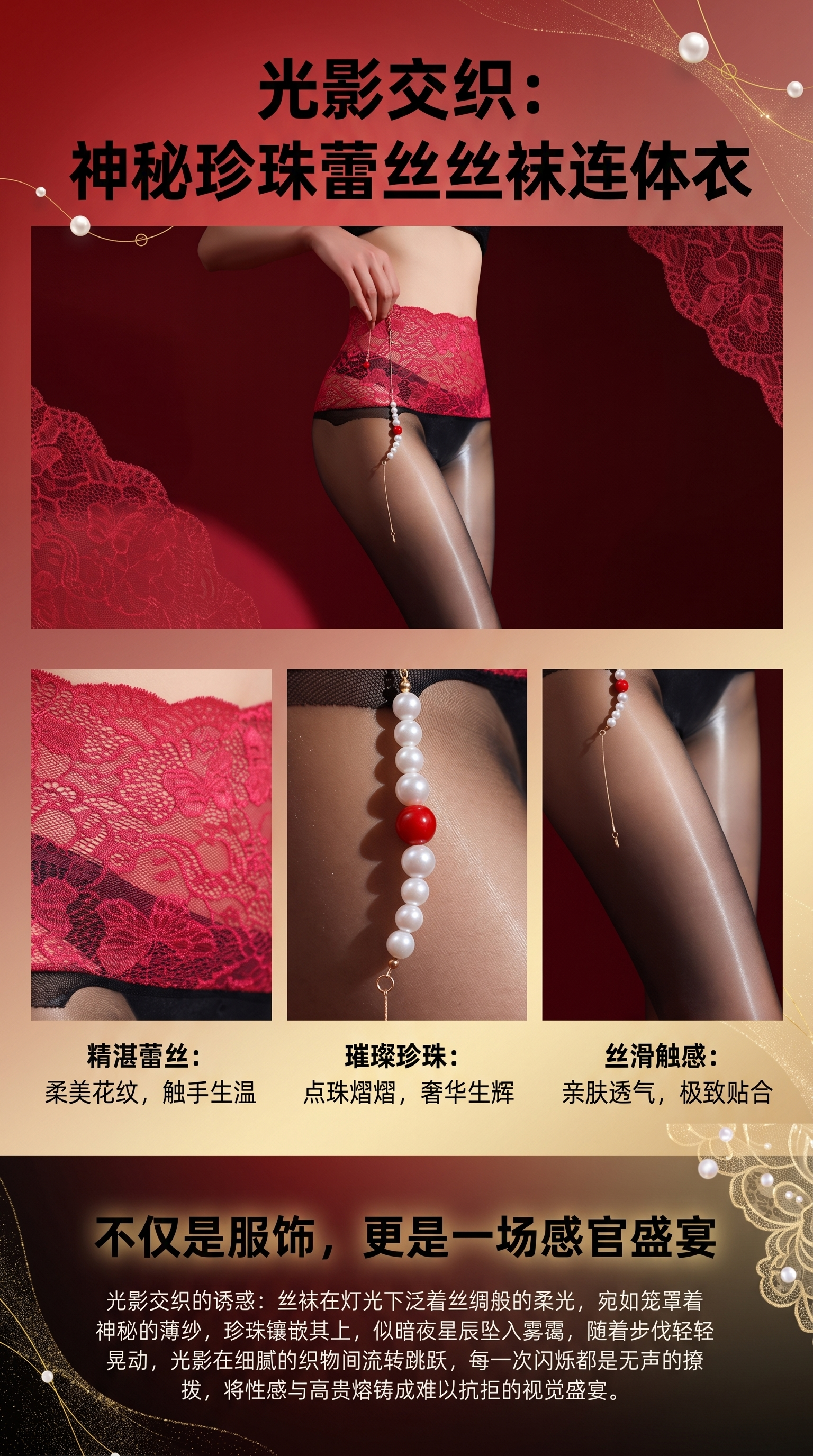 红色蕾丝高腰内裤配黑色丝袜珍珠装饰链女性下半身穿搭详情1