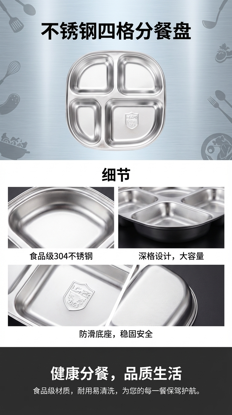 不锈钢分格餐盘10寸密胺平盘端菜盘金边北欧盘子详情1