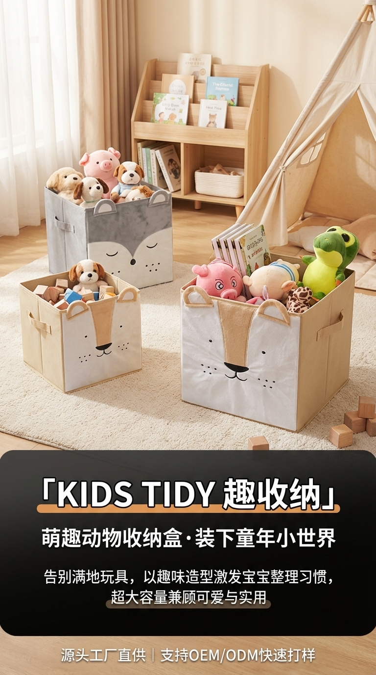 卡通玩具收纳盒，无纺布动物贴图收纳盒，多款式，可定制详情1