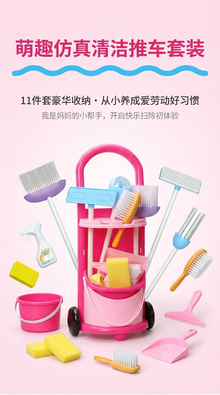 粉色女孩过家家清洁工具桶套装网袋装外贸热销玩具详情1