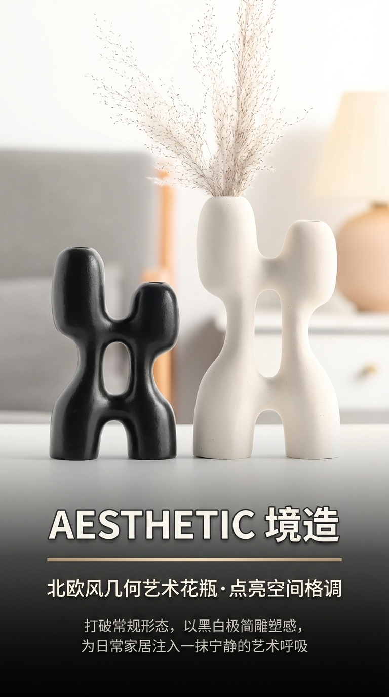 抽象不规则黑白侘寂风陶瓷花瓶现代简约百搭装饰品摆件礼品批发陶瓷陶瓷装饰工艺品陶瓷花瓶详情1