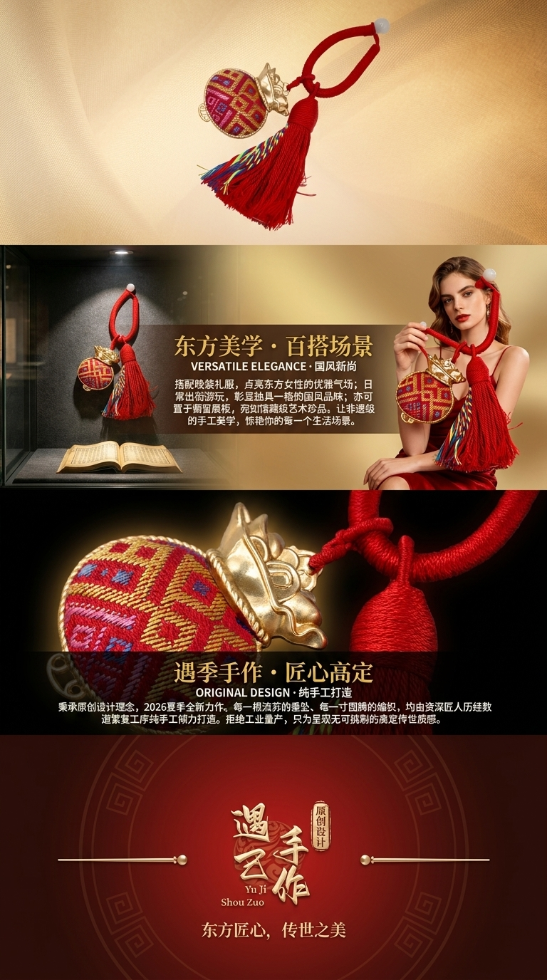 非遗壮锦红纹福袋挂件 新中式民族风喜庆流苏挂饰详情3