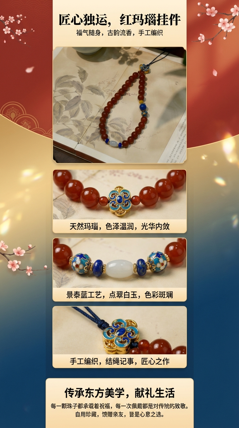 新年款国风红玛瑙手机链纯手工编织饰品日常百搭手机挂链详情1