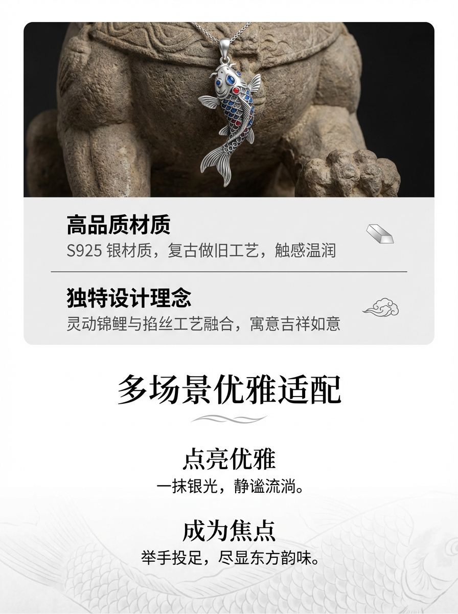 999 silver hand-engraved, hollowed-out three-dimensional carving, fish-shaped pendant jewelry, silver accessory, retro style pic 3