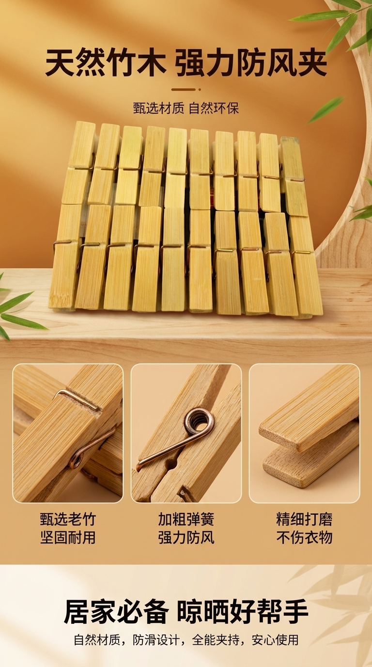 优质竹子木质衣夹子 防风晒衣夹晾晒夹小夹子20只装095401697详情1