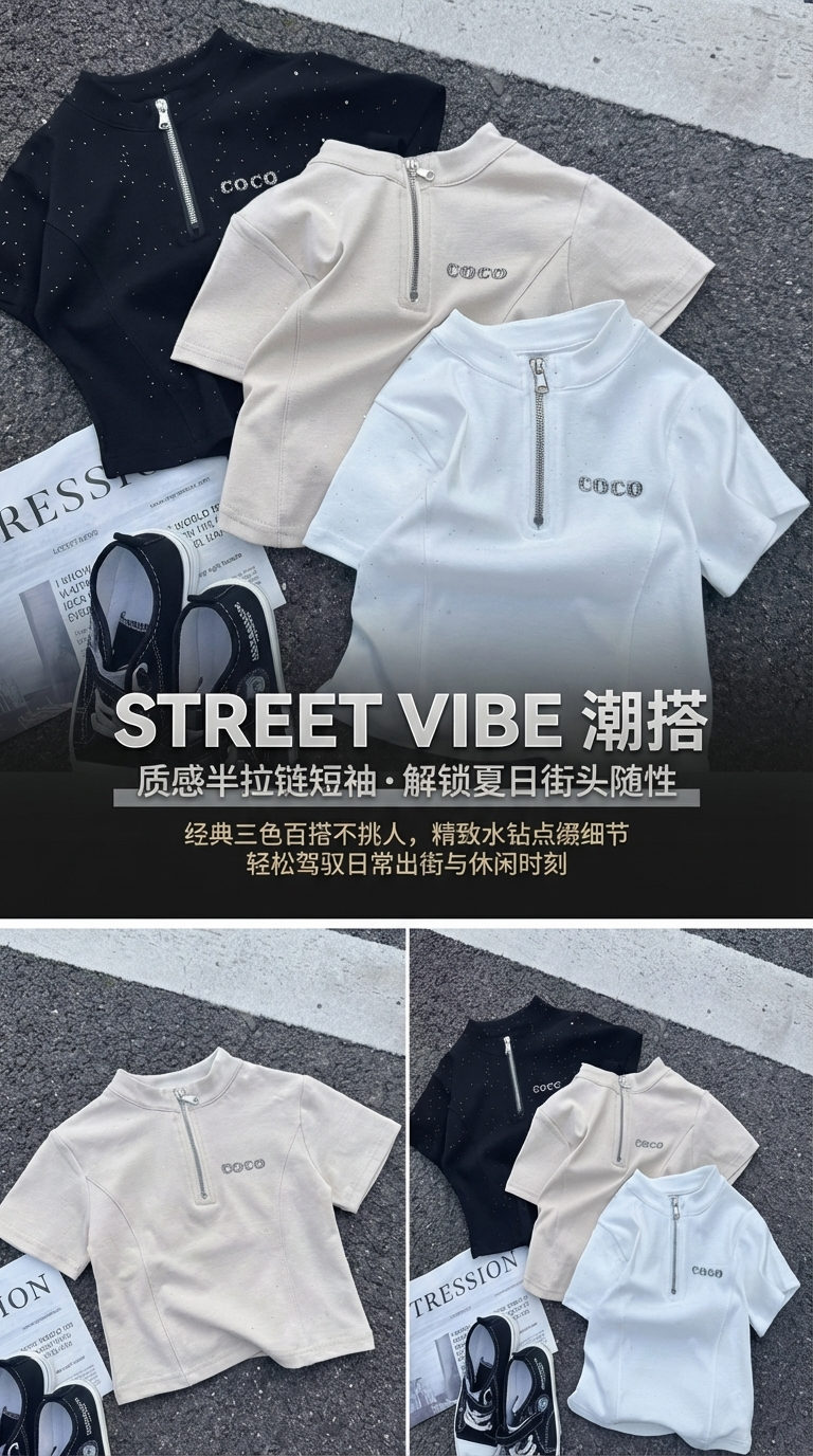 COCO三色短袖T恤拉链打底衫特大码地摊货黑白黑帆布报背景详情1