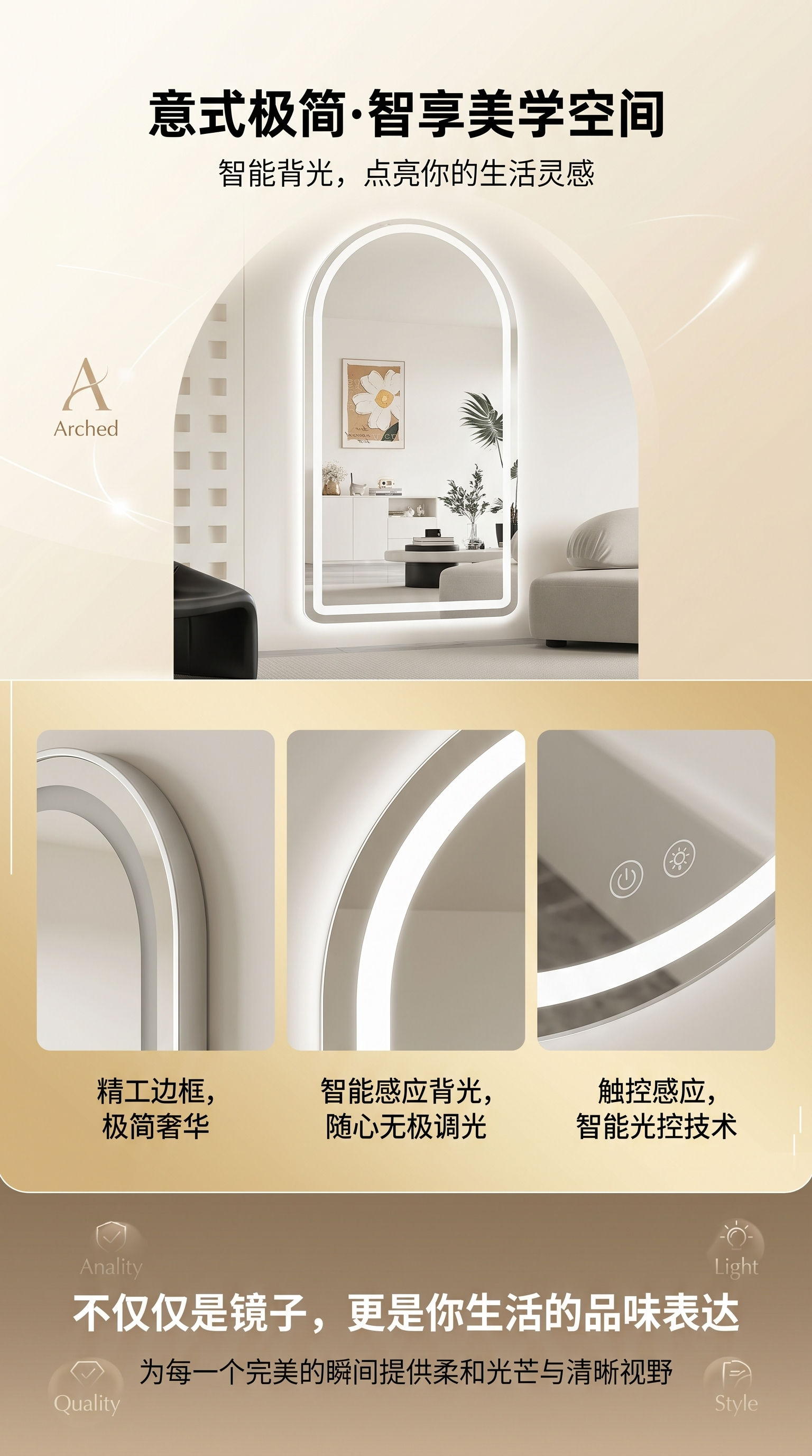 拱形带灯镜 镜子 化妆镜 智能调光浴室镜 家用梳妆镜详情1