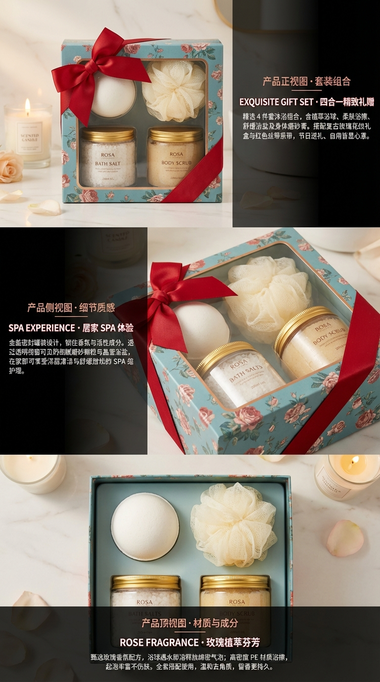 Rose Fragrance Light Luxury Bath Gift Box, Bath Salt Scrub, Explosive Salt Bath Ball Set, Moisturizing, Cleaning and Care Souvenir pic 2