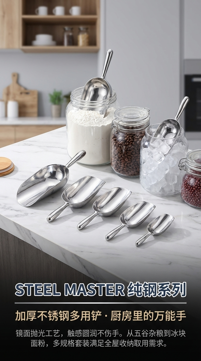 厂家直供12-85oz多功能铝合金超市厨房米铲牛排铲冰铲面粉铲批发金属勺子家用大容量不锈钢汤勺厨房餐具料理勺详情1