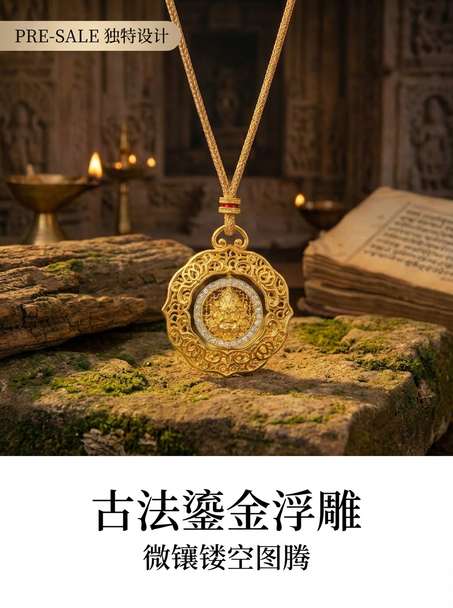 Gold, gold-encased silver, hand-carved ceiling, inlaid chain, flexible and rotatable Buddha statue jewelry for women, short style, simple and fashionable pic 2