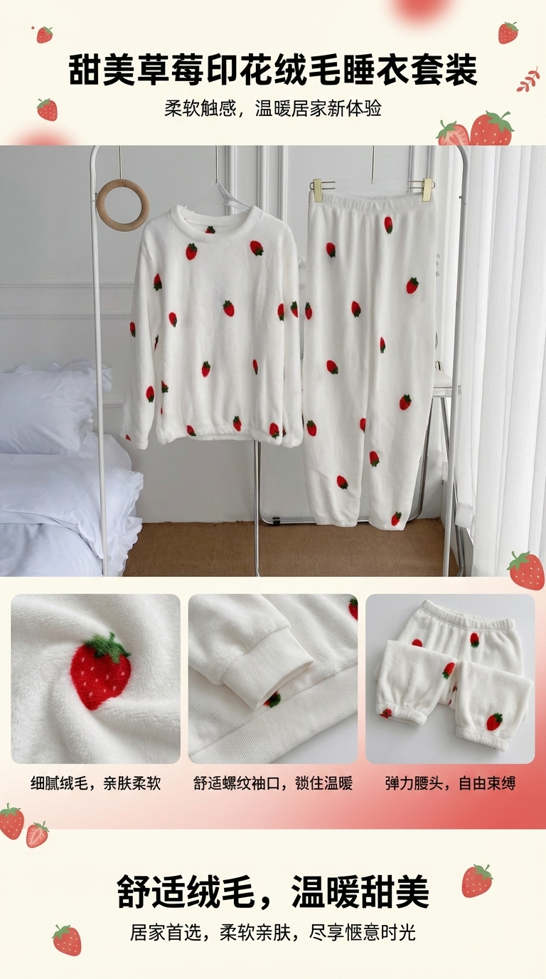 白色草莓图案童家居服睡衣套装宝宝睡衣拉架棉儿童莫代尔棉婴幼儿分体睡衣详情1