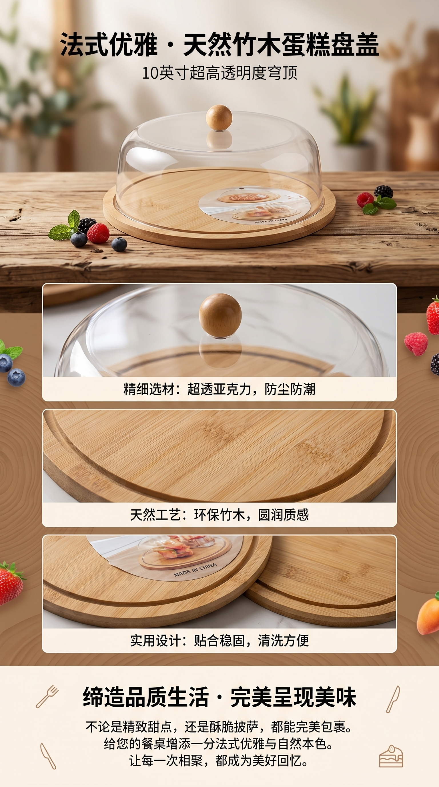 透明罩配木质托盘 居家收纳展示套装 木纹质感防尘保护详情1