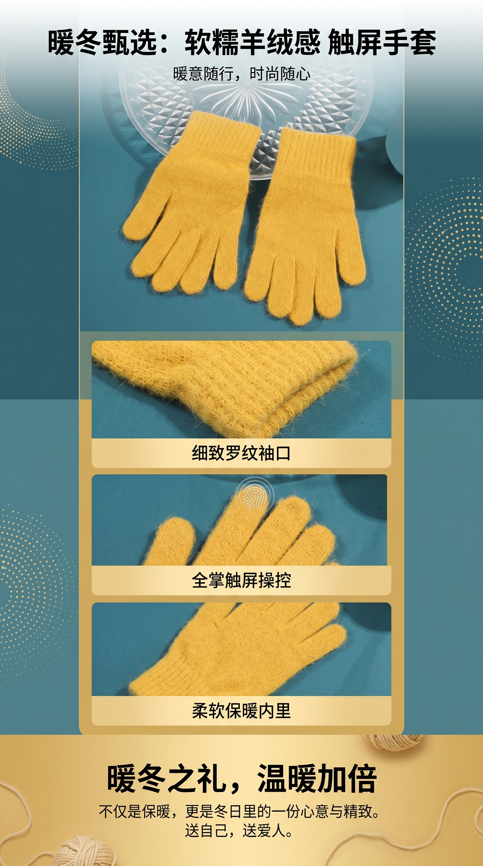 黄色针织手套 保暖防滑女士秋冬薄款护手毛线手套详情1