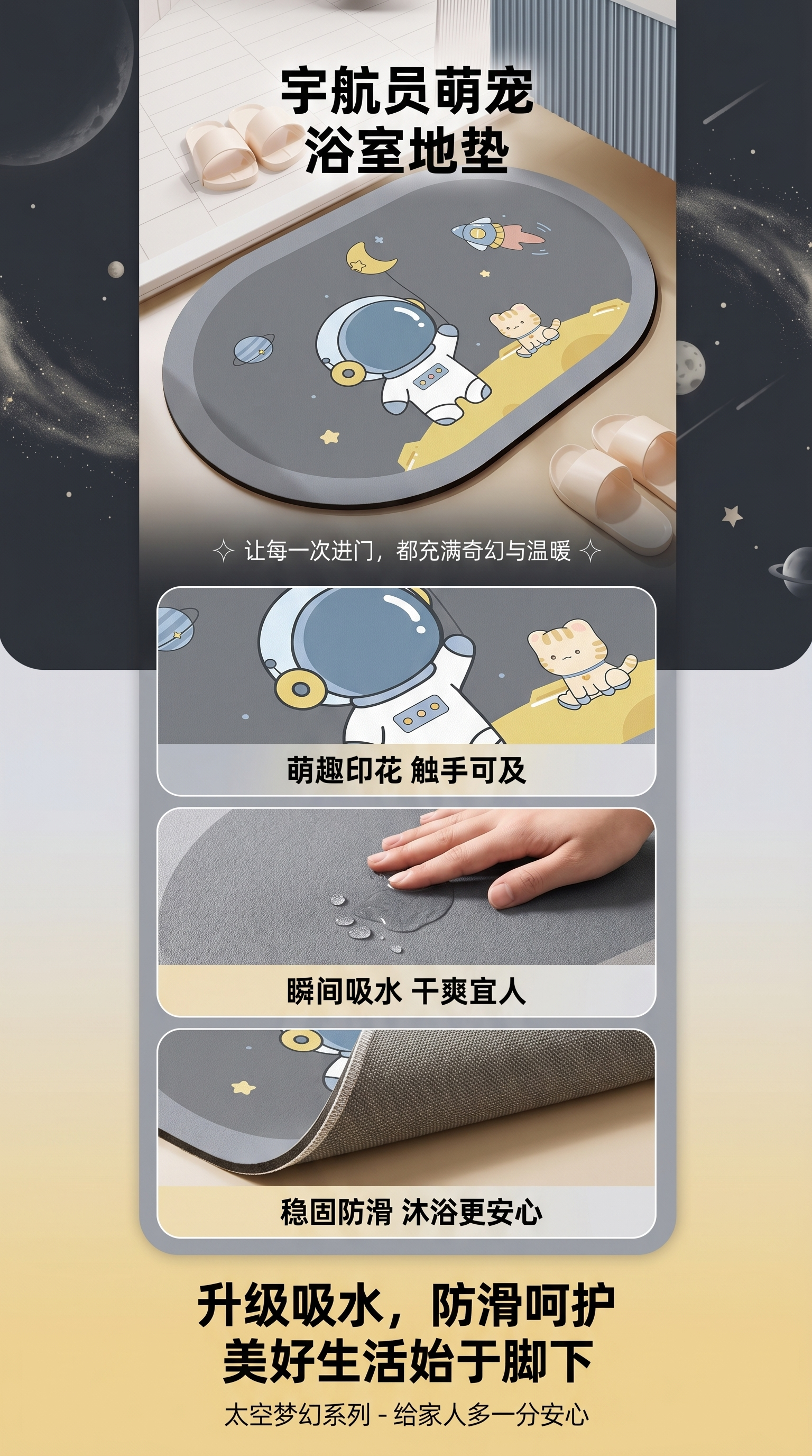 卡通宇航员儿童卧室地毯 家用防滑短绒客厅地垫详情1