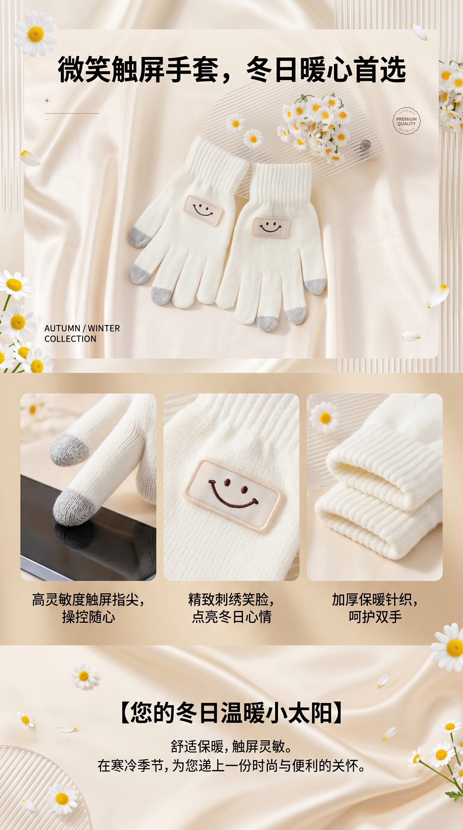 White smiley face pattern gloves, soft, warm and anti-slip cotton women's gloves, knitted winter pic 1