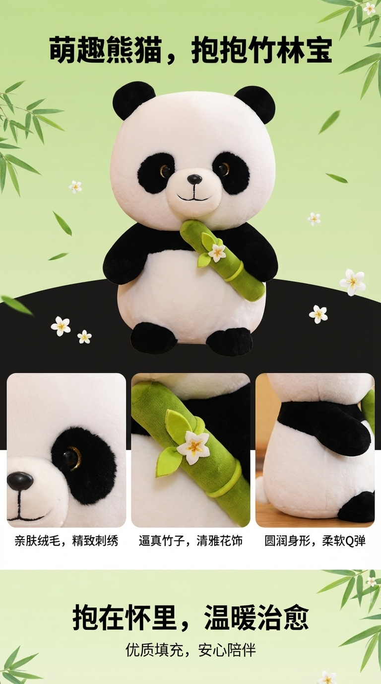 可爱熊猫花花抱竹子公仔熊猫玩偶生日礼物动物园纪念礼品毛绒玩具详情1