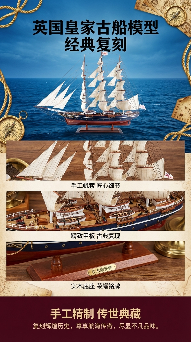 航海模型拉网船徽章轮船1:35 金属材质精致收藏模型卡蒂萨克号203x40x148详情1